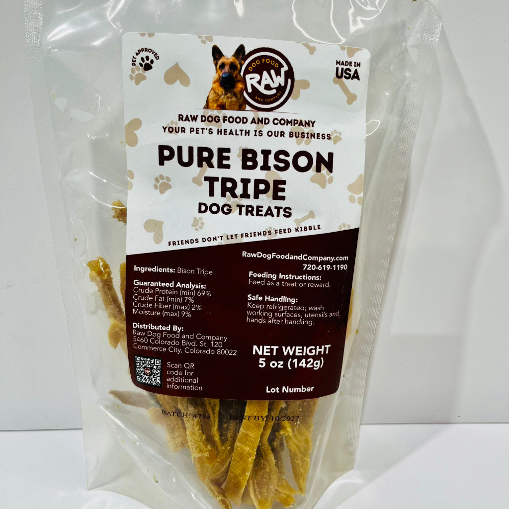 Packaged dog treats labeled 'Pure Bison Tripe Treats' with a visible brand label