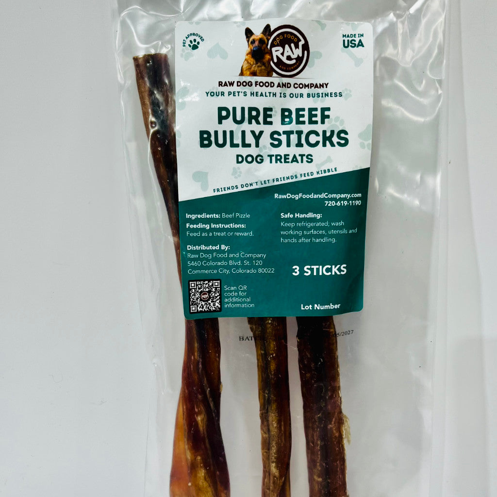 Packaged dog treats labeled 'Pure Beef Bully Sticks' with a visible brand label