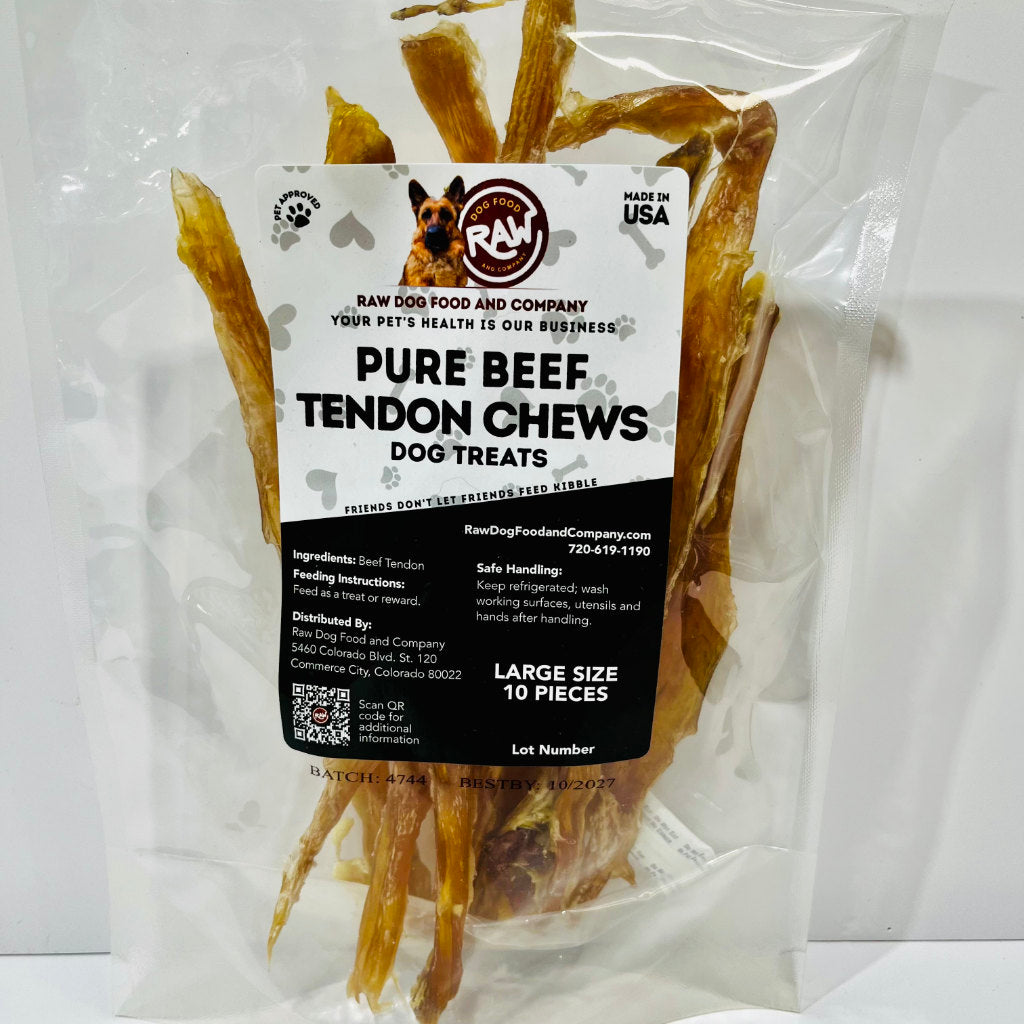 Packaged dog treats labeled 'Pure Beef Tendon Chews' with a visible brand label