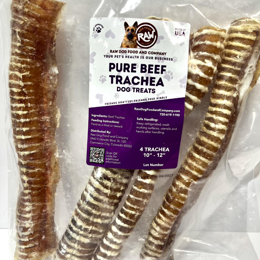 Packaged dog treats labeled 'Pure Beef Trachea' with a visible brand label.