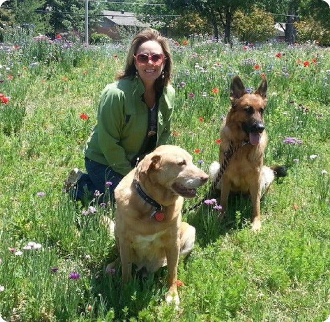 DeDe Moffett kneeling in a wildflower meadow with two dogs